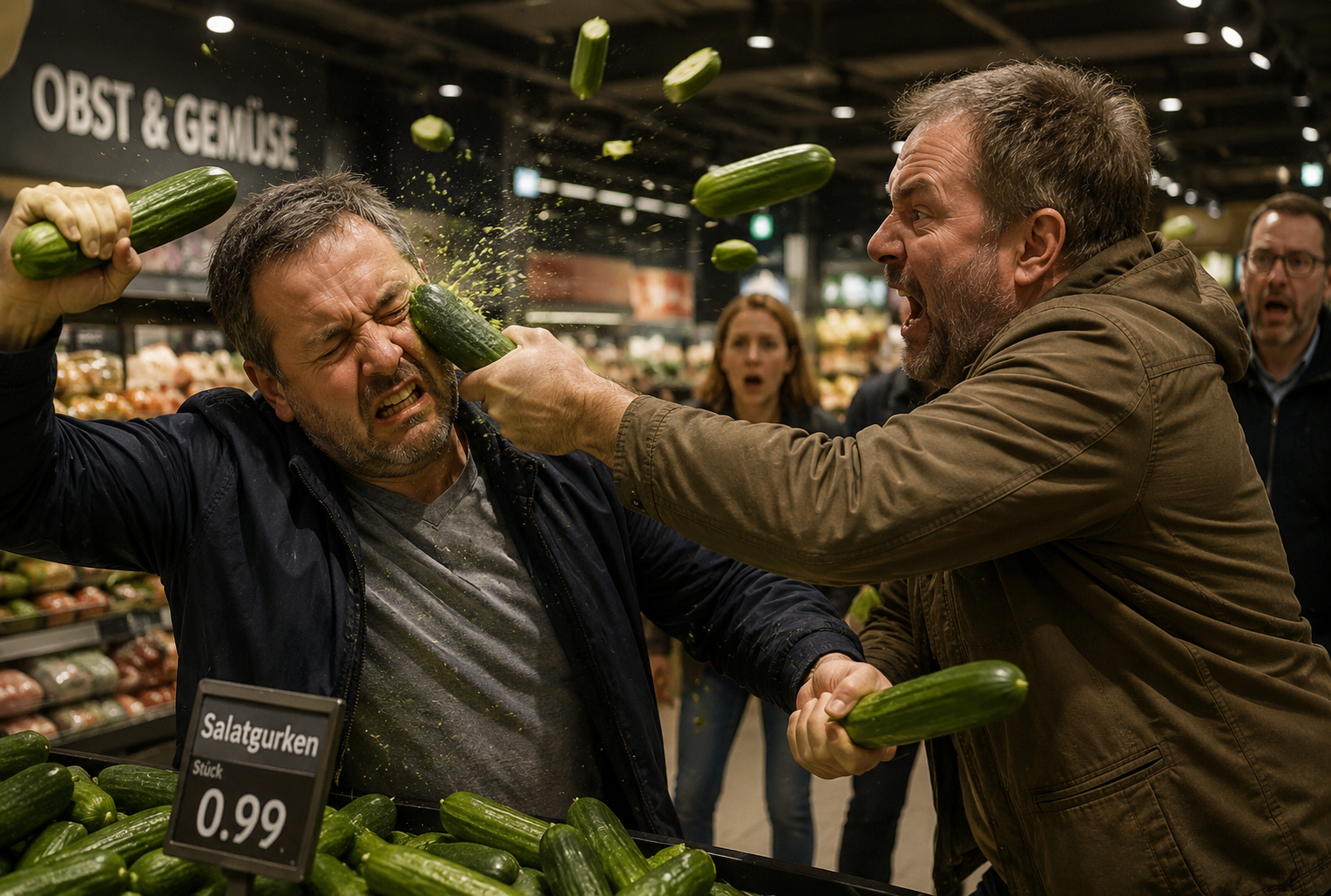 Hitze? Kunden schlagen sich mit Gurken im Supermarkt